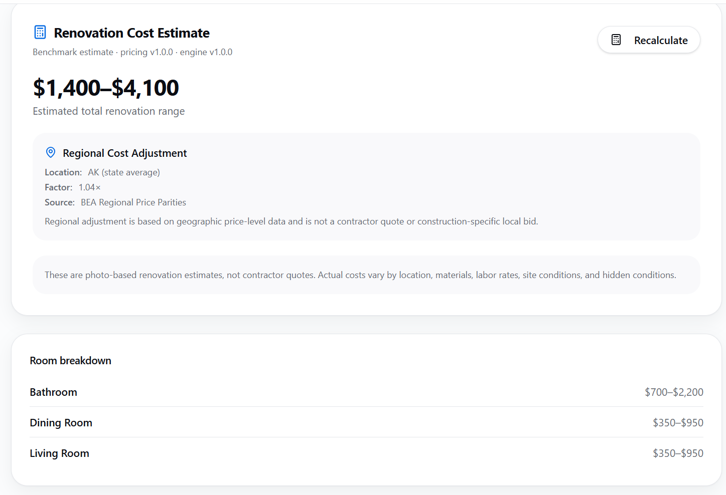 Sample PropNaro renovation cost estimate with regional adjustment and room breakdown