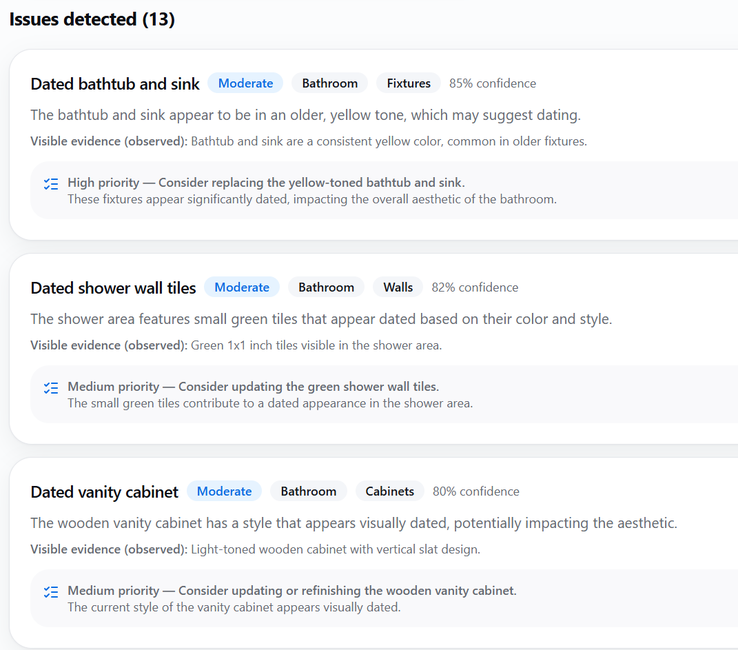 Sample PropNaro property analysis showing detected issues, evidence, severity and confidence
